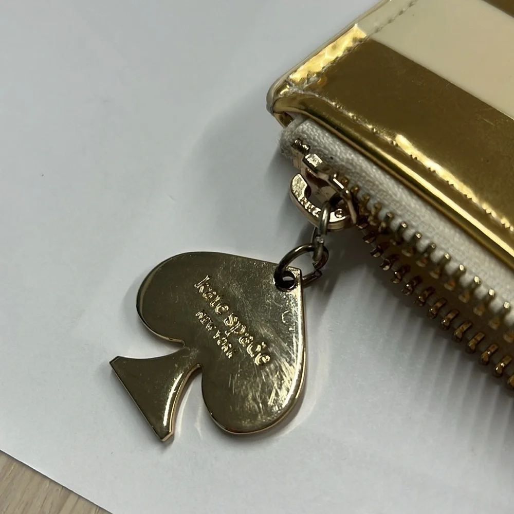 Kate Spade Large Gold Cream Patent Striped Zip Flat Pouch Clutch